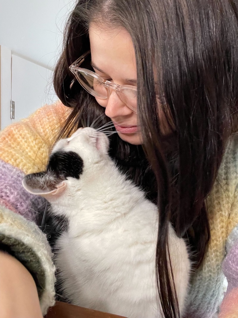 Jessie and me. Jessie is on my lap and we're looking at each other.