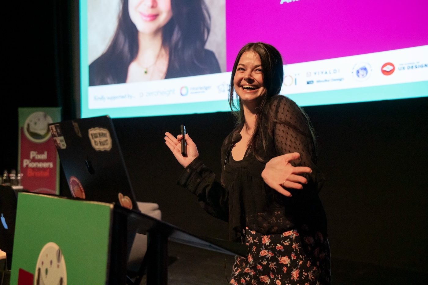 Me on the stage of Pixel Pioneers.