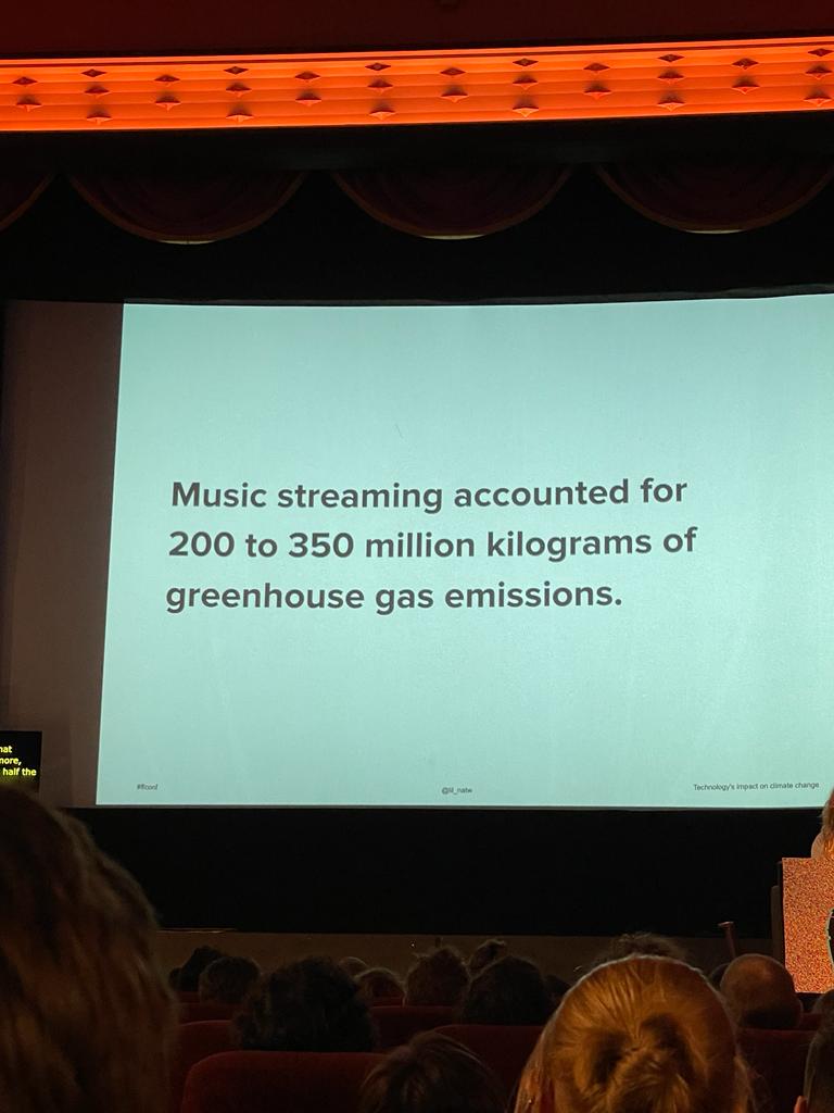 Slide saying "Music streaming accounted for 200 to 350 million kilograms of greenhouse gas emissions.".