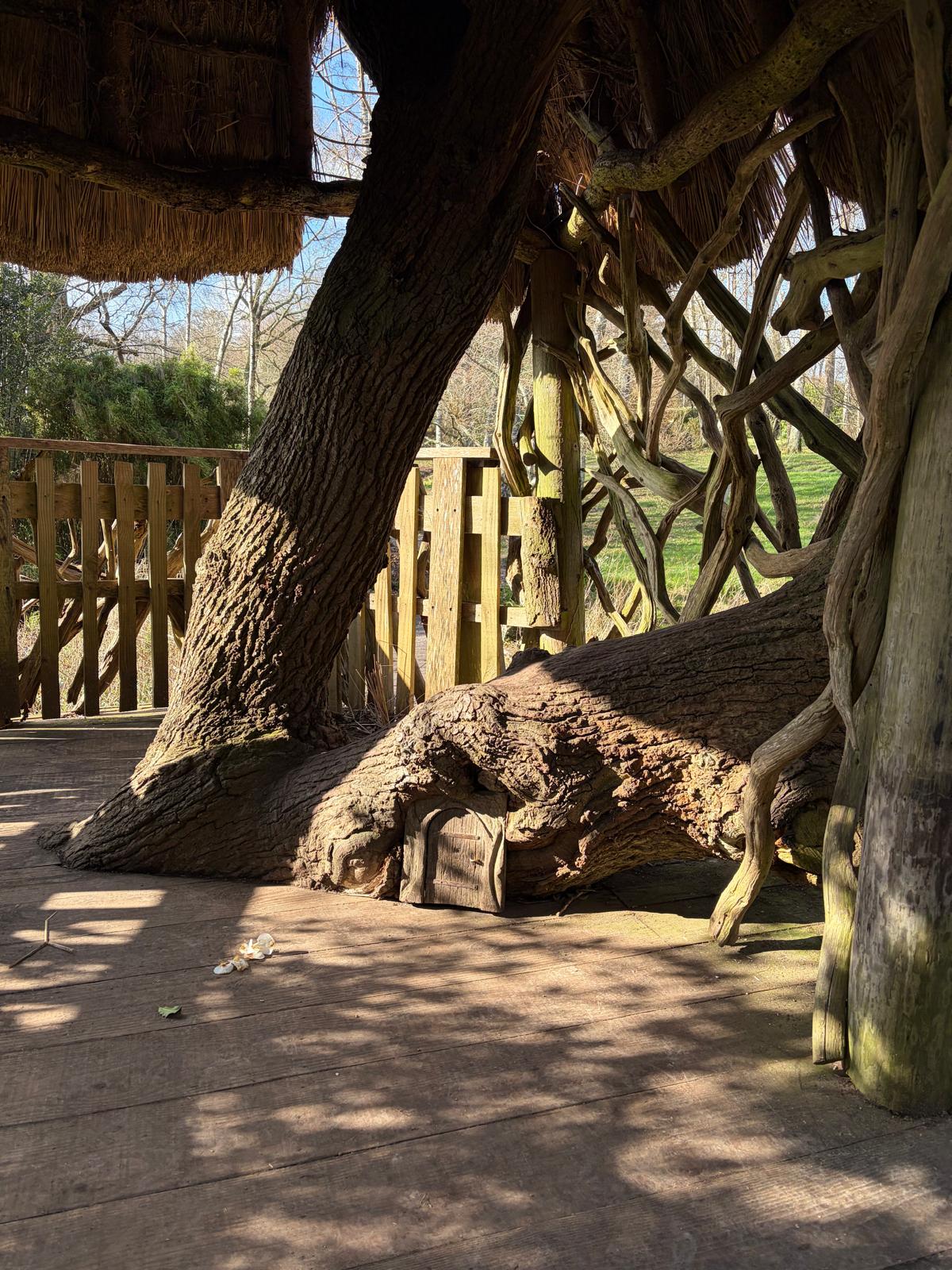 Another fairy house underneath a big tree trunk.