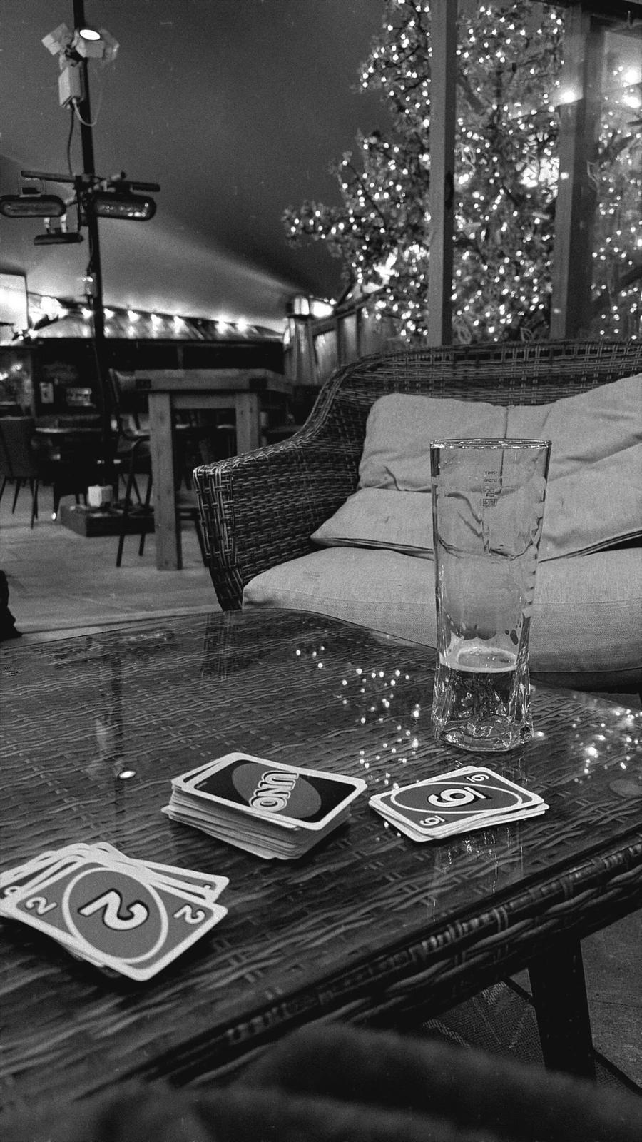 Beers surrounded by fairy lights and an on-going game of Uno.
