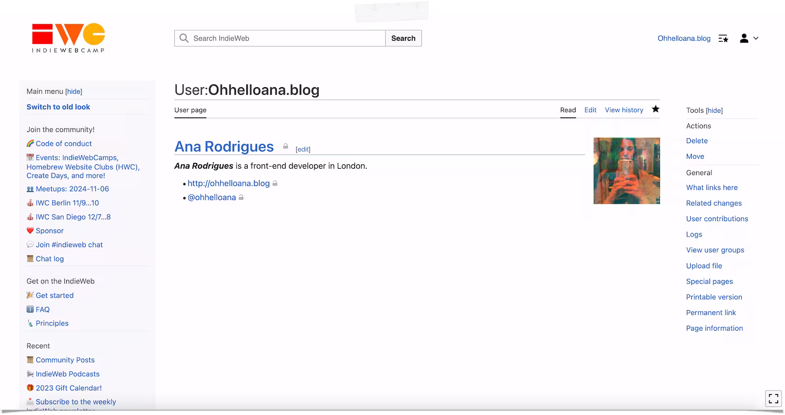 A screenshot of my profile in the IndieWeb wiki.